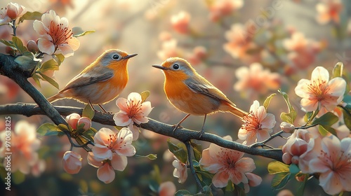 A couple Icterus galbula perching near a flower tree branch, colorful, blur background, spring theme photo