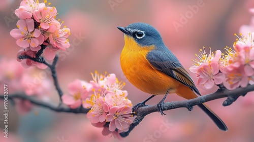 An Icterus galbula perching near a flower tree branch, colorful, blur background, spring theme