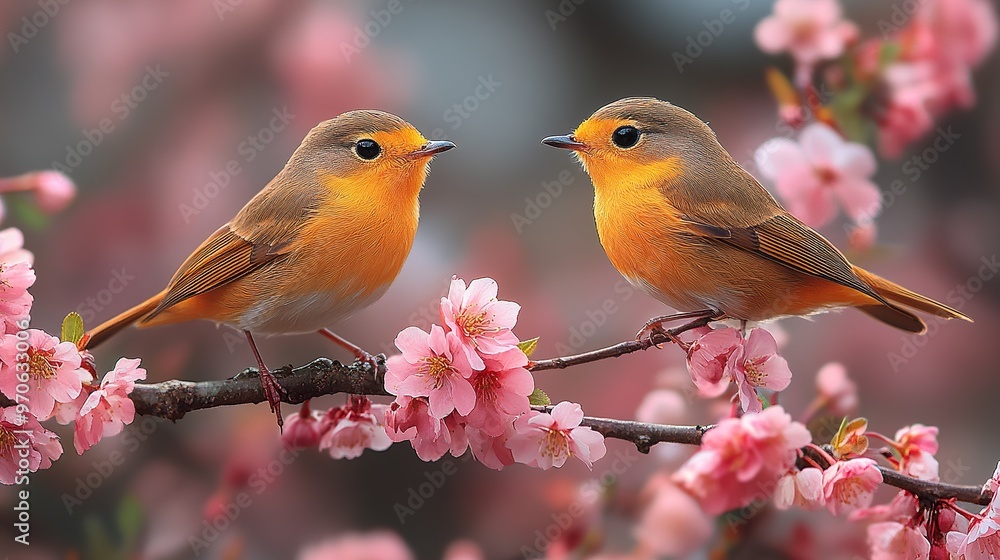 A couple Icterus galbula perching near a flower tree branch, colorful, blur background, spring theme A couple Icterus galbula perching near a flower tree branch, colorful, blur background, spring theme