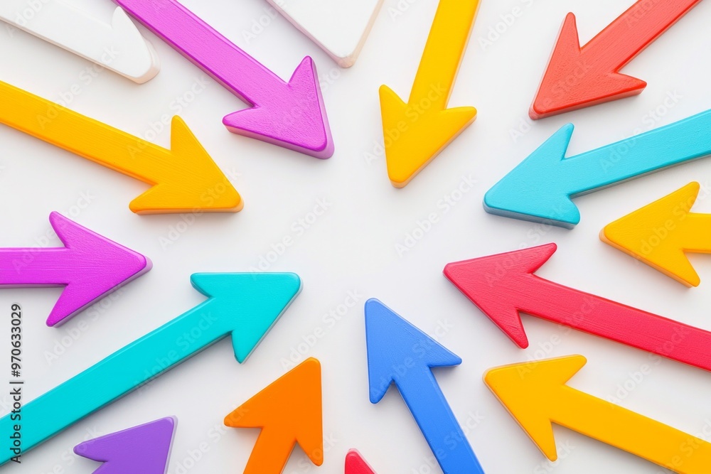 Multiple colorful arrows intersecting at different angles on a white background, symbolizing various paths or choices. Multiple colorful arrows intersecting at different angles on a white background, symbolizing various paths or choices.