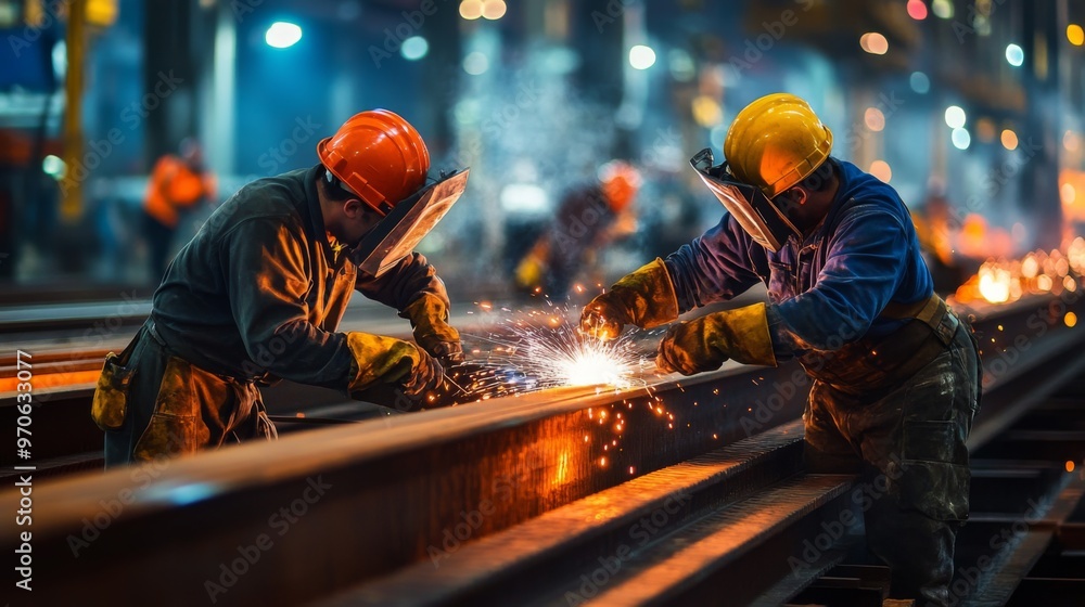 Two Welders Working on a Large Metal Beam in a Factory Two Welders Working on a Large Metal Beam in a Factory