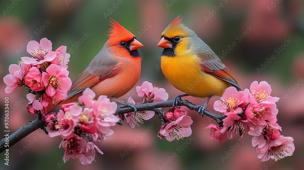 A couple cardinalis bird perching near a flower tree branch, spring theme A couple cardinalis bird perching near a flower tree branch, spring theme