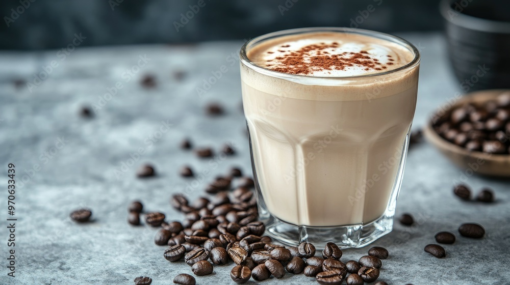 Glass of creamy latte with a frothy top placed beside a scattering of fresh coffee beans, evoking a cozy cafe vibe. Glass of creamy latte with a frothy top placed beside a scattering of fresh coffee beans, evoking a cozy cafe vibe.