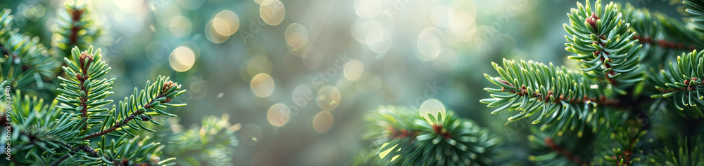 Obraz premium winter festive banner with a green pine tree branches with soft bokeh light in the background, creating a serene and natural atmosphere