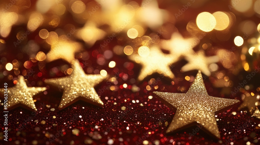 Glittering gold stars twinkle on a rich festive background, with a magical feel perfect for holiday themes or luxurious event settings. Glittering gold stars twinkle on a rich festive background, with a magical feel perfect for holiday themes or luxurious event settings.
