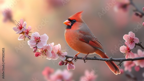 A cardinalis bird perching near a flower tree branch, spring theme photo