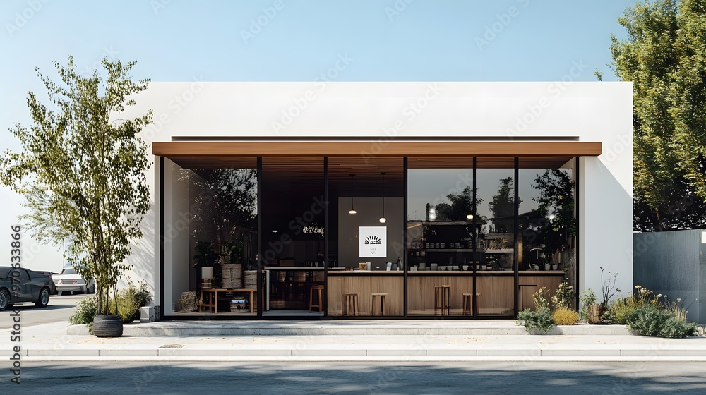 Modern Minimalist Cafe Exterior with Large Windows Modern Minimalist Cafe Exterior with Large Windows