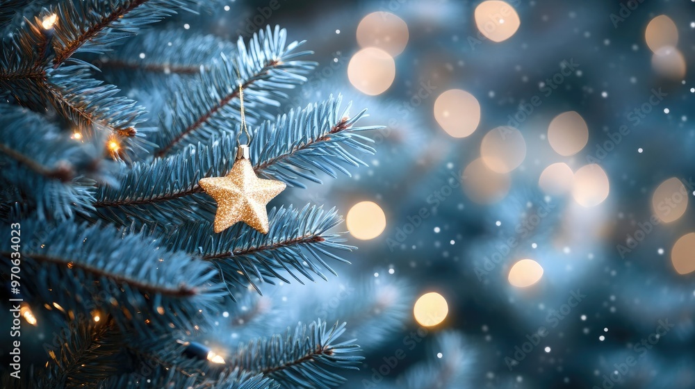 Glowing stars twinkle against sparkling blue pine needles, creating a festive, serene backdrop for holiday celebrations. Glowing stars twinkle against sparkling blue pine needles, creating a festive, serene backdrop for holiday celebrations.
