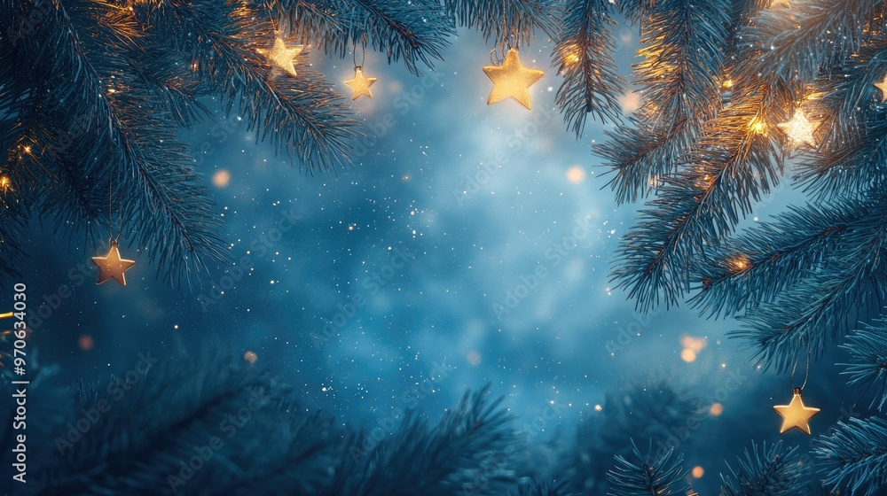 Glowing stars twinkle against sparkling blue pine needles, creating a festive, serene backdrop for holiday celebrations. Glowing stars twinkle against sparkling blue pine needles, creating a festive, serene backdrop for holiday celebrations.