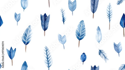 Blue boho arrowheads in a repeating tribal pattern, illustrated in watercolor style and seamlessly rendered on a white background.