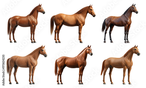 Brown horses in six poses isolated on transparent background