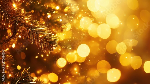 Golden glittering lights and shimmering stars decorate this holiday background, evoking the magic of Christmas with soft, glowing bokeh.