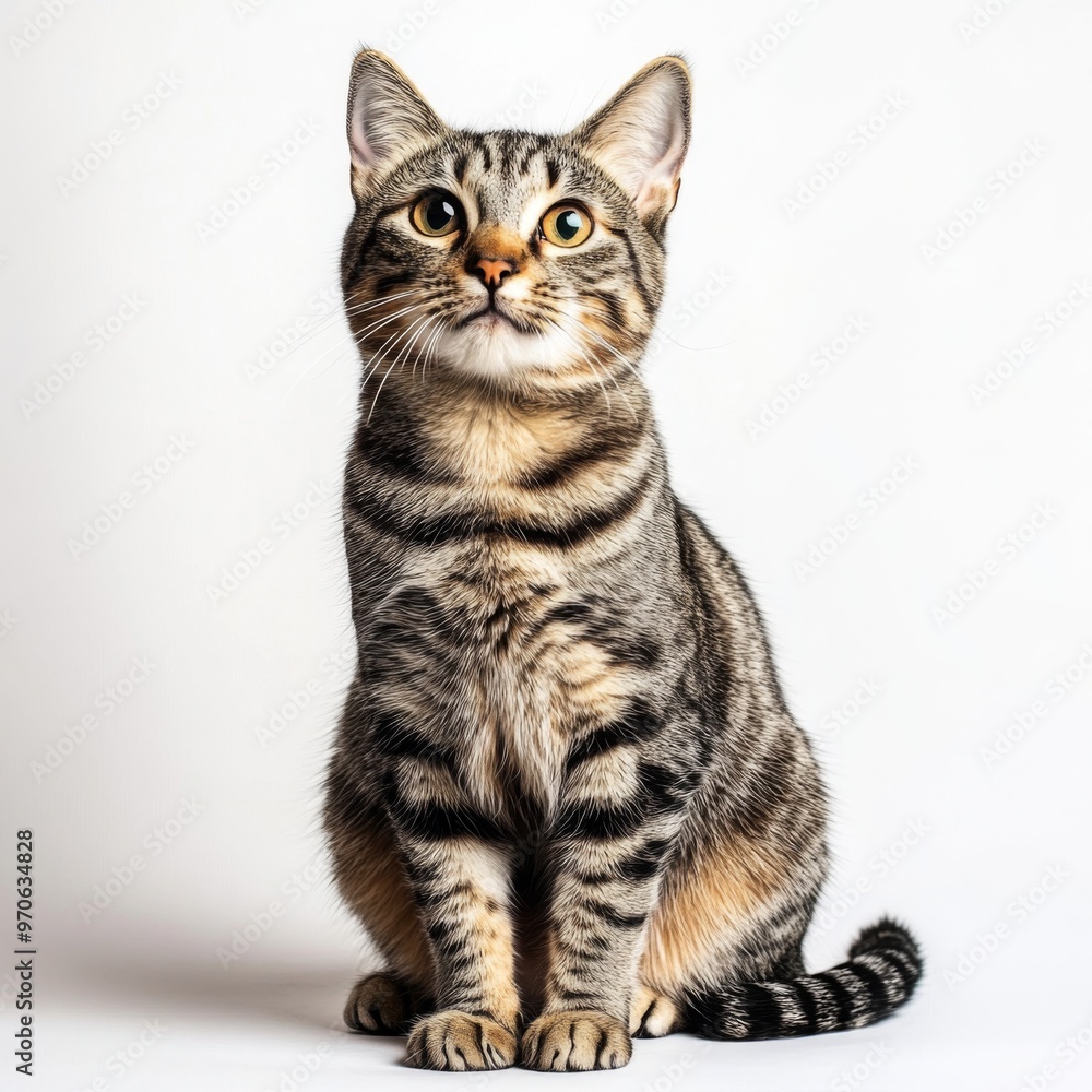 Fototapeta premium A tabby cat with green eyes sits on a white background, looking up with a curious expression.