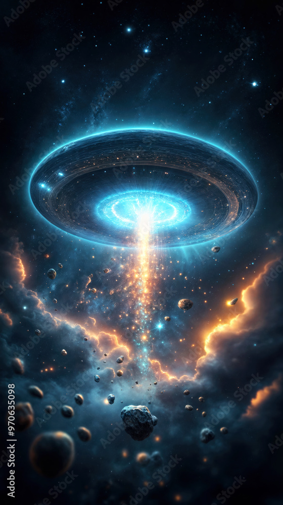 Futuristic Spaceship in Deep Space with Asteroids and Light Beams in a Cosmic Nebula Futuristic Spaceship in Deep Space with Asteroids and Light Beams in a Cosmic Nebula
