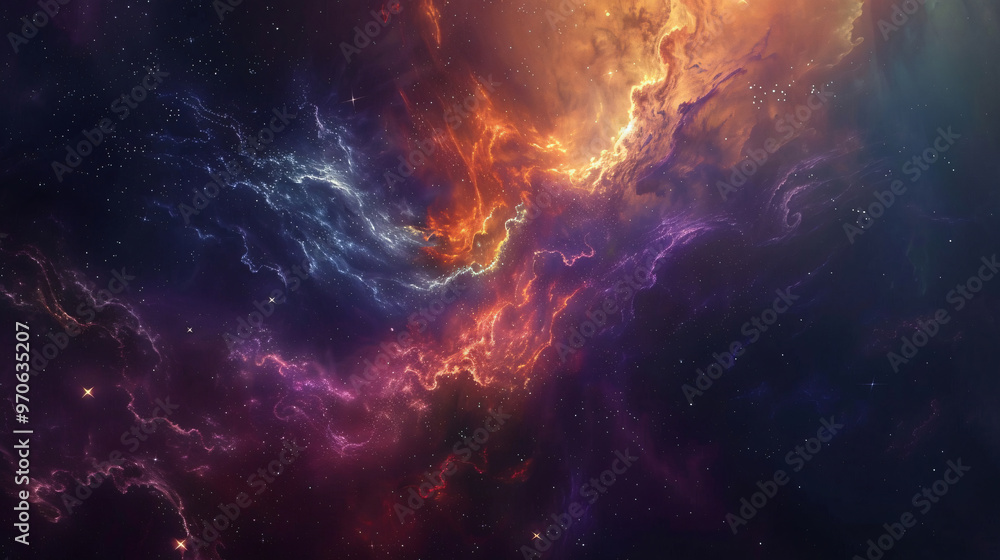 Obraz premium A stunning digital artwork of a vibrant cosmic scene filled with swirling clouds of purple, orange, and blue, resembling a nebula in deep space.