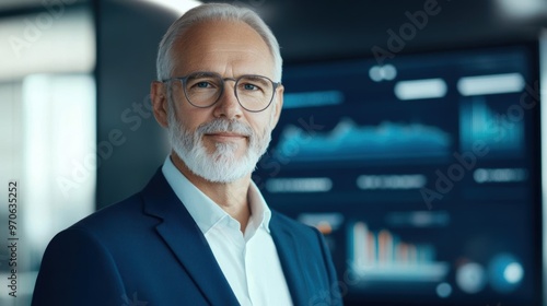 Confident business professional with gray hair and glasses standing in front of a screen displaying data graphics in an office setting.