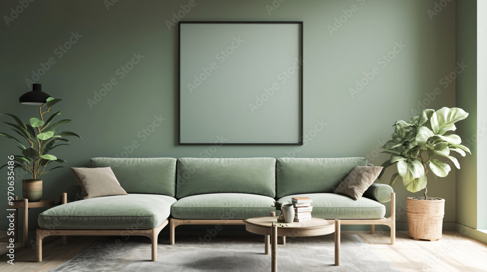 A modern living room featuring a soft green sectional sofa and a minimalist decor, complemented by potted plants and natural light, creating a cozy space. A modern living room featuring a soft green sectional sofa and a minimalist decor, complemented by potted plants and natural light, creating a cozy space.