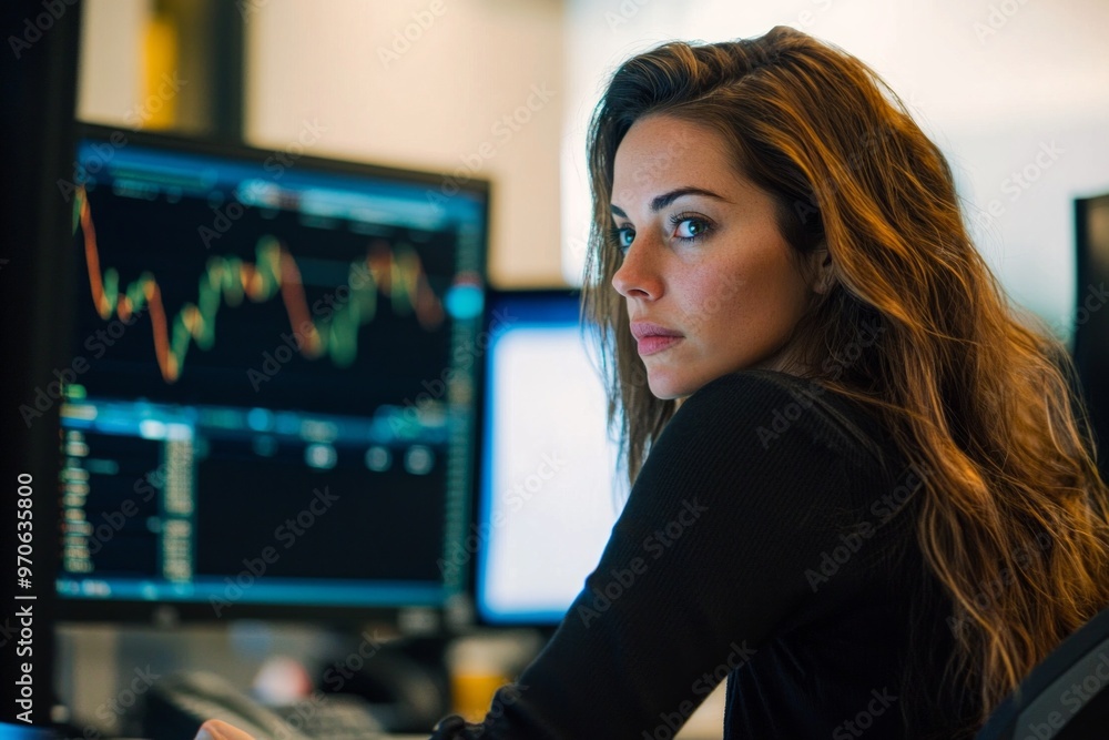 A beautiful female professional trading stock at her desk A beautiful female professional trading stock at her desk