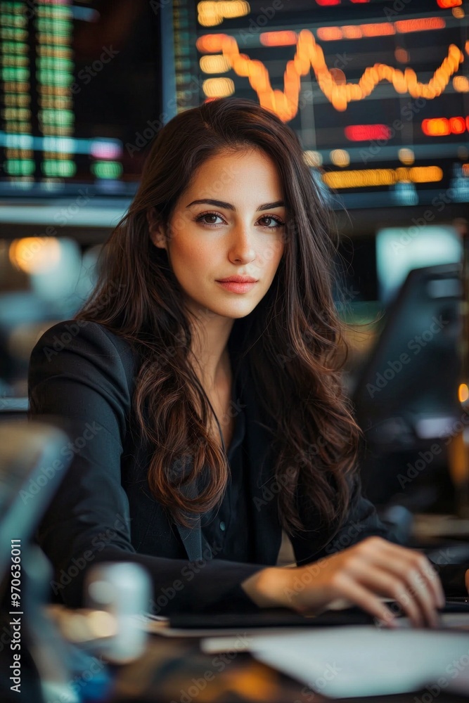 Fototapeta premium A beautiful female professional trading stock at her desk 