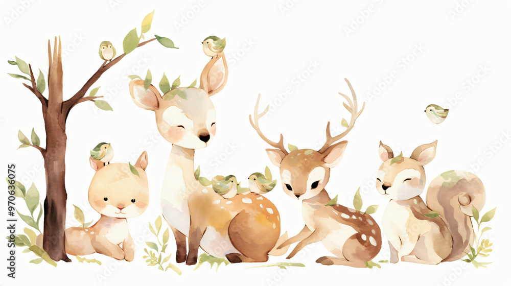 Naklejka premium A charming illustration depicting various woodland animals, including deer and squirrels, surrounded by greenery, creating a warm and friendly atmosphere.