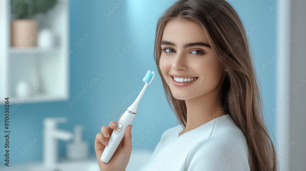 A smiling woman holds an electric toothbrush in a modern bathroom with blue and white decor. Concept of oral hygiene and dental care A smiling woman holds an electric toothbrush in a modern bathroom with blue and white decor. Concept of oral hygiene and dental care