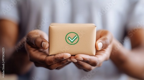 Hand Holding a Box with a Green Checkmark.