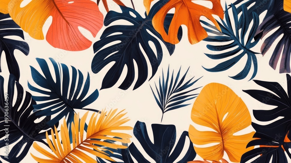 Tropical Leaves Seamless Pattern with Diverse Shapes and Colors on Light Background, Suitable for Textiles and Wallpapers Tropical Leaves Seamless Pattern with Diverse Shapes and Colors on Light Background, Suitable for Textiles and Wallpapers