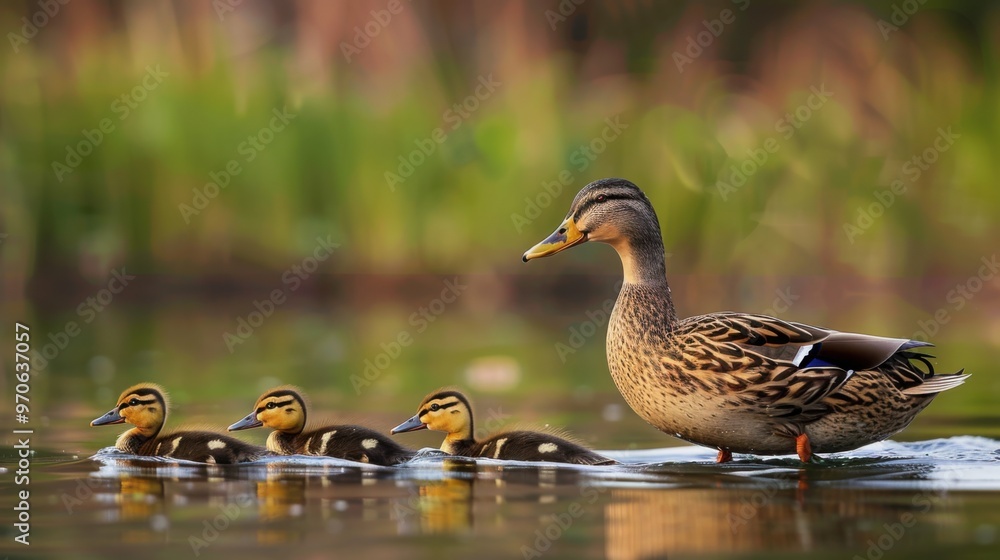 A mother mallard duck leads two young ducklings across the surface of a still pond, their dark feathers blending with the ripples in the water A mother mallard duck leads two young ducklings across the surface of a still pond, their dark feathers blending with the ripples in the water