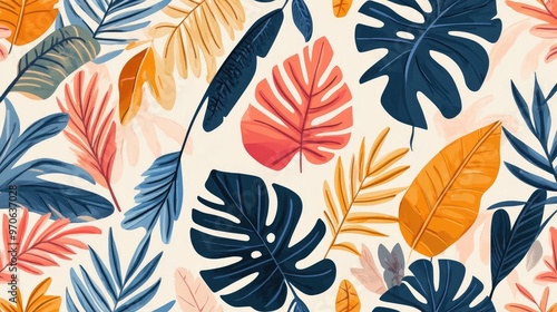 Tropical Leaves Seamless Pattern with Diverse Shapes and Colors on Light Background, Suitable for Textiles and Wallpapers