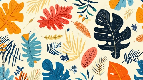 Wallpaper Mural Tropical Leaves Seamless Pattern with Diverse Shapes and Colors on Light Background, Suitable for Textiles and Wallpapers Torontodigital.ca