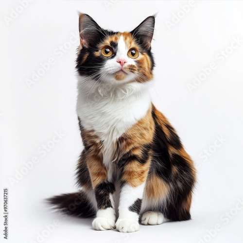 A calico cat with white, orange, and black fur sits on a white background, looking up with its ears perked.