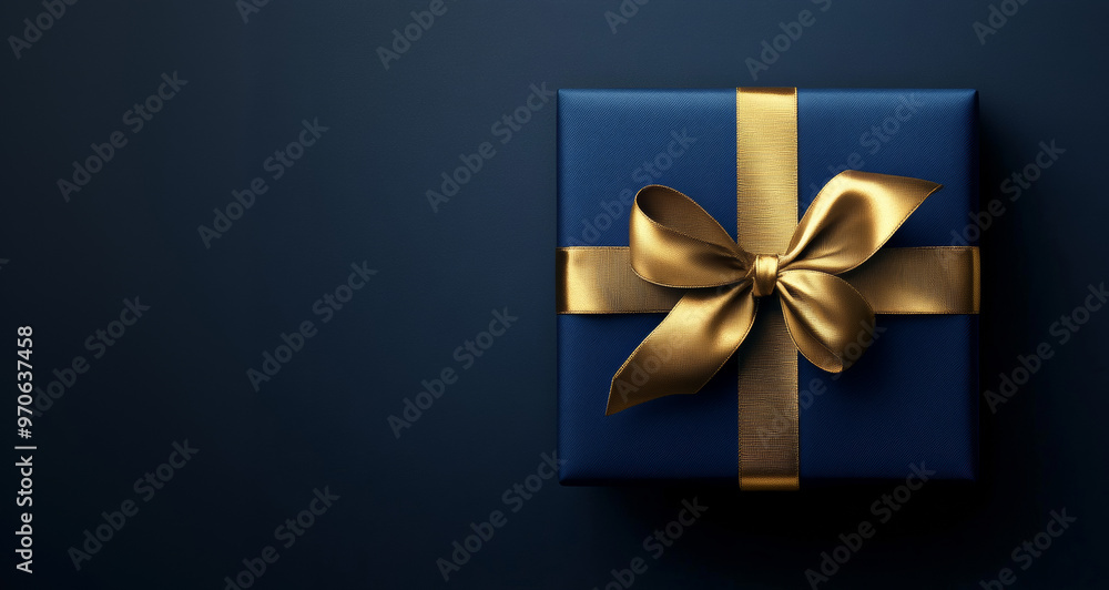 Dark blue gift box with elegant gold ribbon and Christmas decorations on dark background. Top view of greeting gift with copy space for Christmas present, holiday or birthday. Dark blue gift box with elegant gold ribbon and Christmas decorations on dark background. Top view of greeting gift with copy space for Christmas present, holiday or birthday.