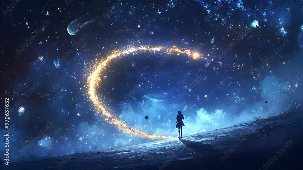 Fototapeta premium A Person Riding a Comet Painting the Cosmos with Trails of Stardust