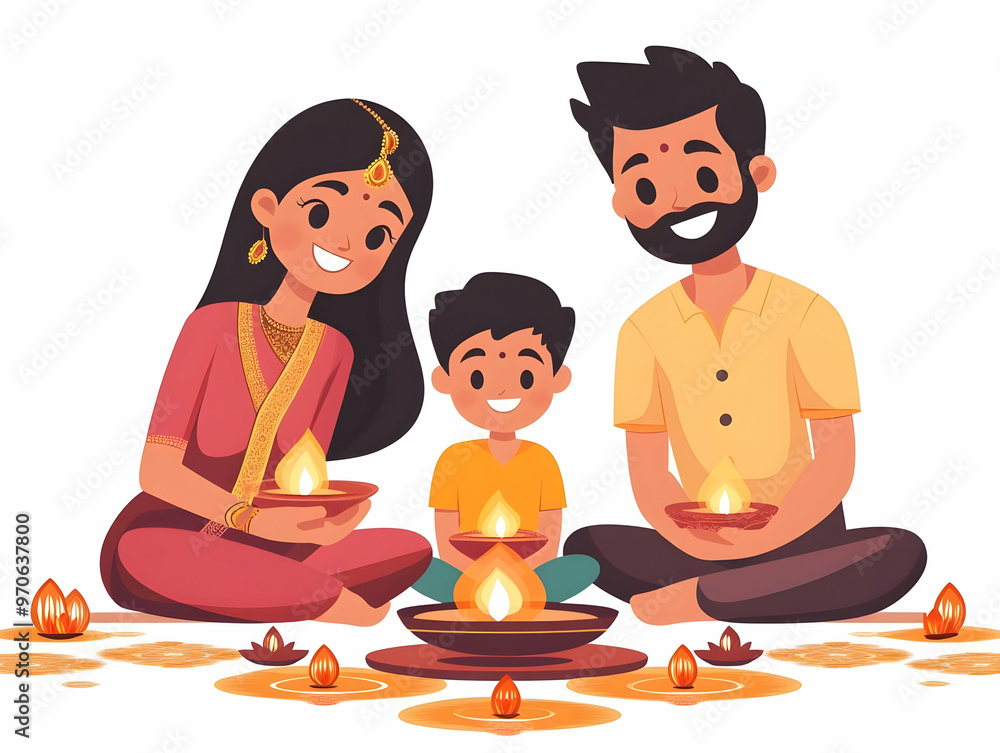 Flat Vector Illustration: Family Sharing Meal Around Diwali Lamps - Candid Capture of Cultural Traditions and Festive Togetherness Flat Vector Illustration: Family Sharing Meal Around Diwali Lamps - Candid Capture of Cultural Traditions and Festive Togetherness