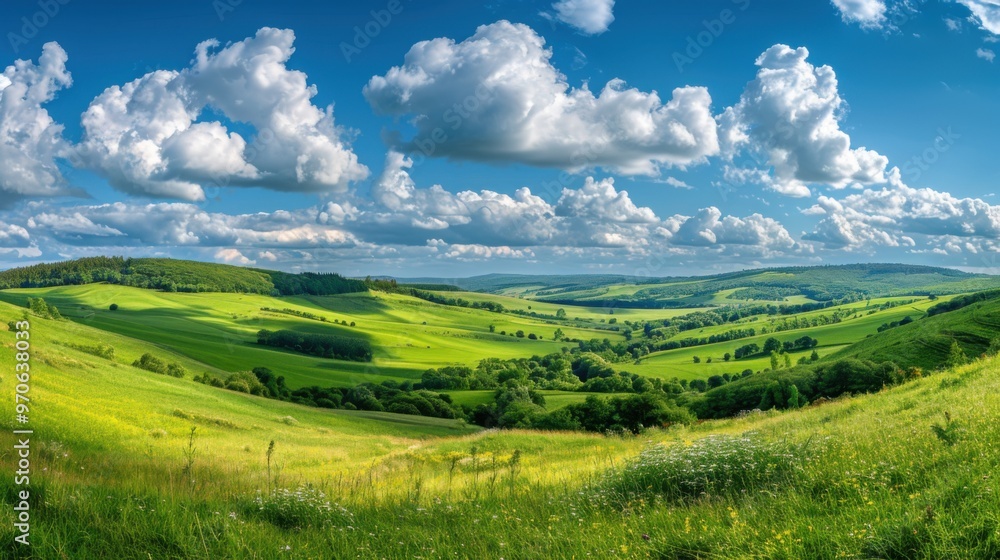 Obraz premium A panoramic view of rolling green hills and meadows under a bright blue sky dotted with puffy white clouds