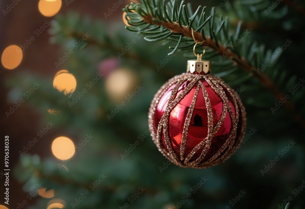 Fototapeta premium A decorative glass bauble on a fir branch against a blurred background, reflecting the essence of both the Christmas holidays and the New Year celebration