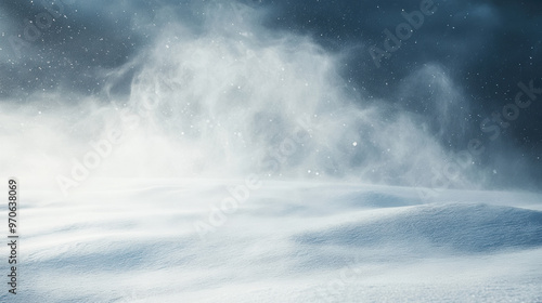 A serene winter landscape showcases swirling snow in wind, creating tranquil yet dynamic atmosphere. soft, white snow blankets ground, while gentle gusts of wind add movement to scene