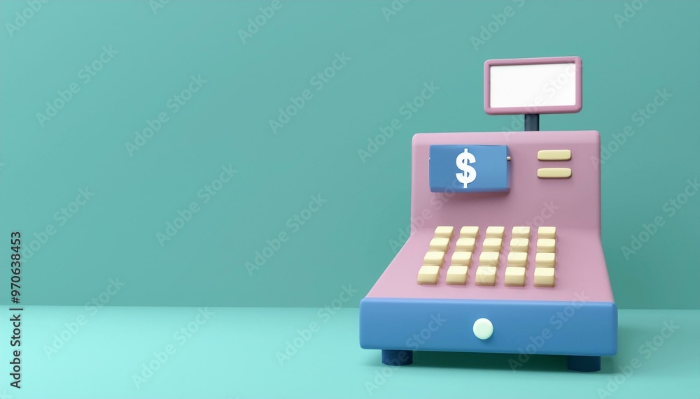 Colorful toy cash register on a teal background, ideal for showcasing playful retail or finance themes. Colorful toy cash register on a teal background, ideal for showcasing playful retail or finance themes.