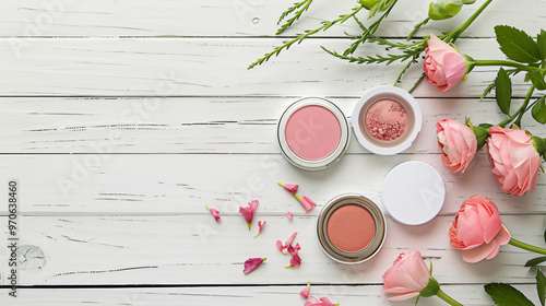 A beautifully arranged flat lay of blush cosmetics alongside fresh roses, set on a rustic wooden surface, evoking a sense of beauty and elegance.