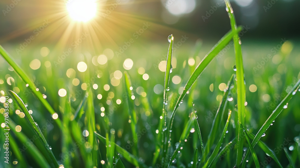 Fototapeta premium Glistening dew on grass blades sparkles in morning sun, creating serene and refreshing atmosphere. sunlight enhances beauty of nature, evoking sense of tranquility
