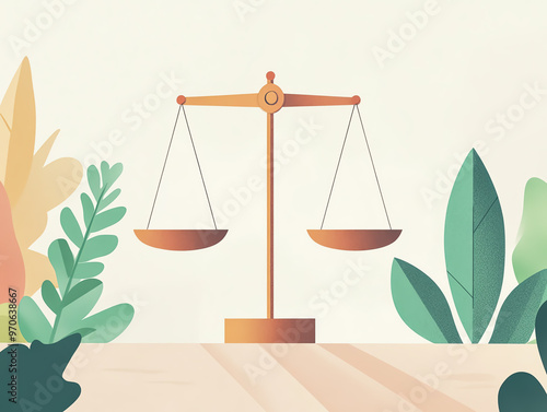 Illustration of a scale of justice with green leaves on a wooden surface photo