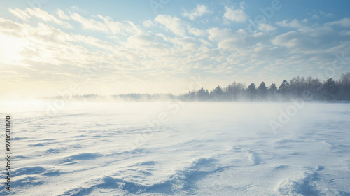 Wallpaper Mural A serene winter landscape featuring drifting snow across frozen lake, with soft blue sky and wispy clouds. scene evokes sense of tranquility and cold beauty Torontodigital.ca