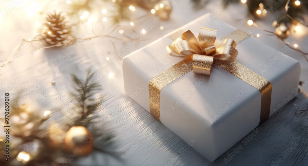 White christmas gift box with elegant ribbon on shiny and festive bokeh background. Luxurious greeting gift with copy space for Christmas present, holiday or birthday White christmas gift box with elegant ribbon on shiny and festive bokeh background. Luxurious greeting gift with copy space for Christmas present, holiday or birthday