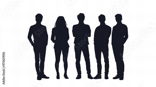 silhouettes of five casually dressed individuals standing together, creating a modern and minimalistic representation of a group interaction photo