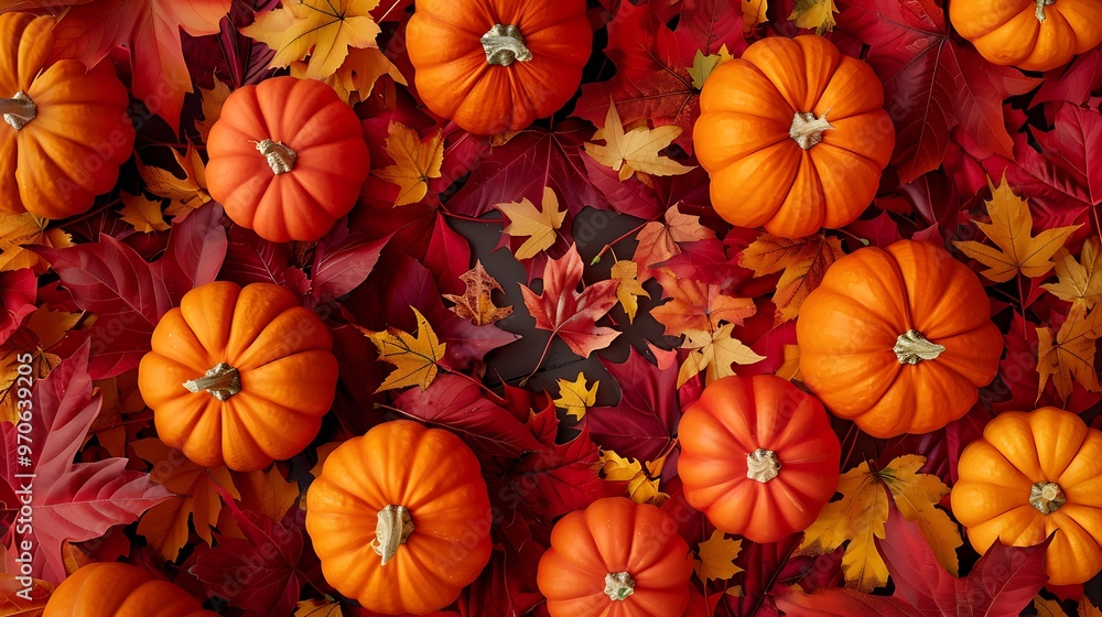 Colorful Pumpkins and Vibrant Leaves Creating a Perfect Autumn and Halloween Atmosphere Colorful Pumpkins and Vibrant Leaves Creating a Perfect Autumn and Halloween Atmosphere