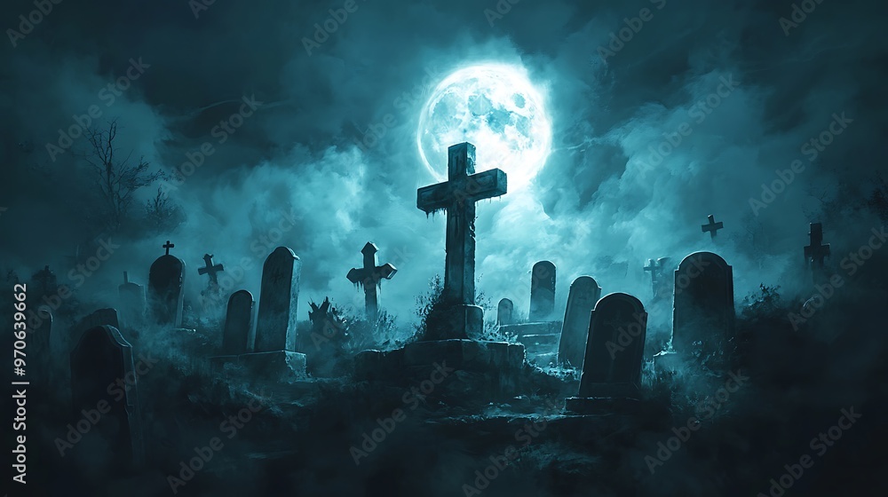 Mysterious Graveyard under a Full Moon with Eerie Fog Creating a Haunting Atmosphere Mysterious Graveyard under a Full Moon with Eerie Fog Creating a Haunting Atmosphere