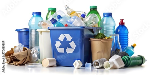 a collection of recyclable items including paper and plastic bottle
