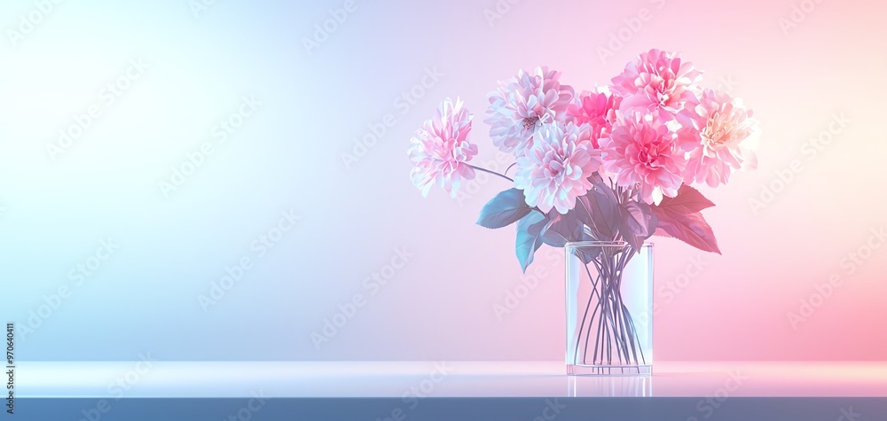 Pink and white flowers in a glass vase on a white table with blue and pink lighting. Pink and white flowers in a glass vase on a white table with blue and pink lighting.