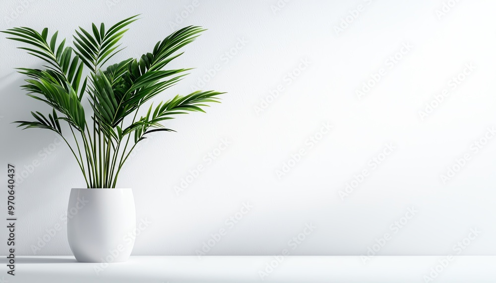 A potted palm plant against a clear wall, minimalist interior design concept. A potted palm plant against a clear wall, minimalist interior design concept.