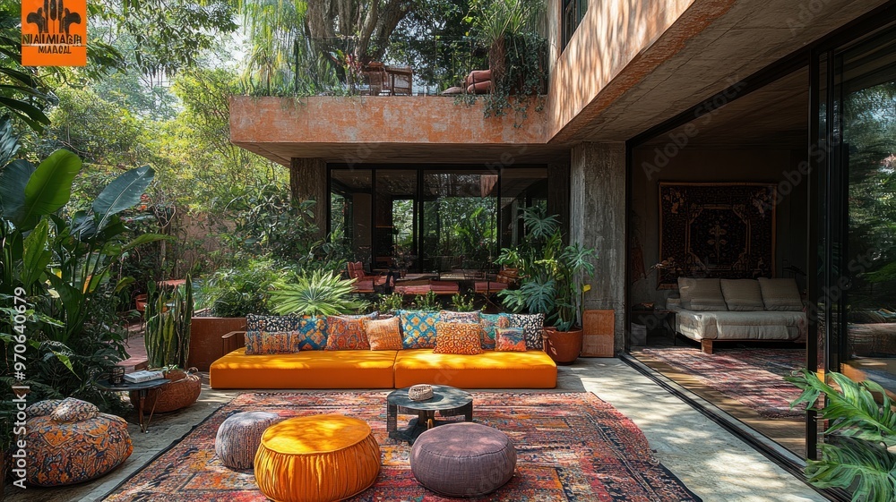 Naklejka premium Cozy outdoor lounge with vibrant cushions and lush greenery.